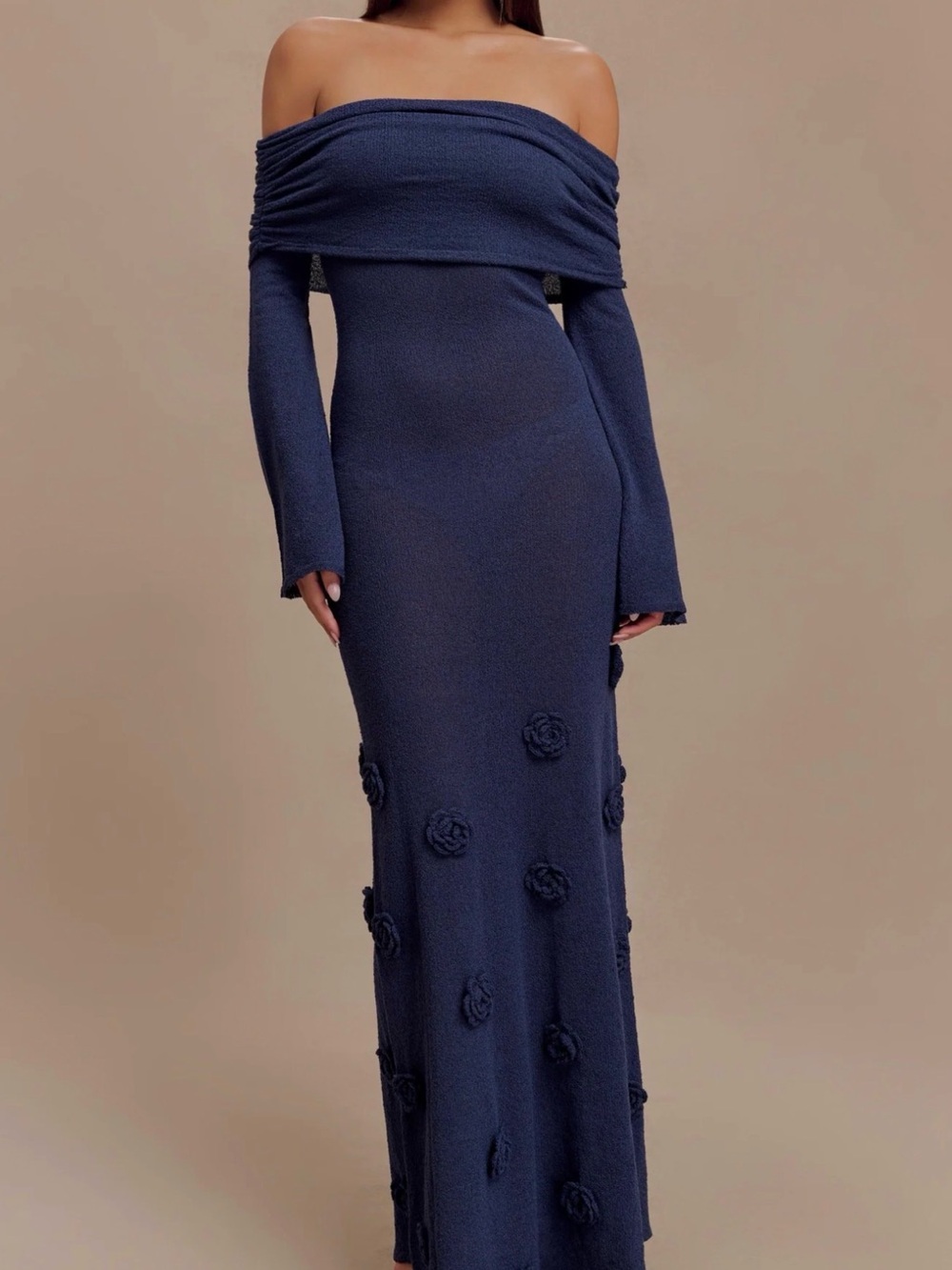 Off-Shoulder Navy Knit Maxi Sweater Dress
